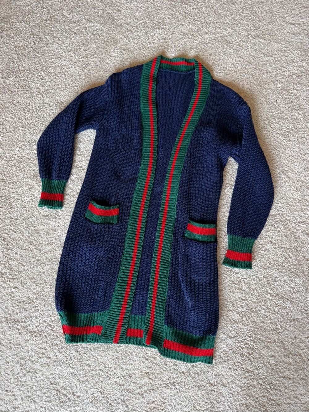 Long Vintage Knit Open-Front Cardigan with Green and Red Trim